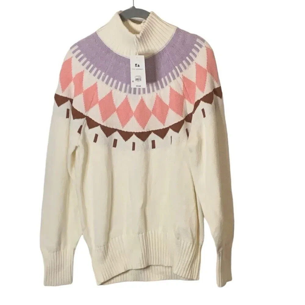 Mock Turtle Neck Sweater Women's Size L Long Sleeve Cream Cotton Wool Blend